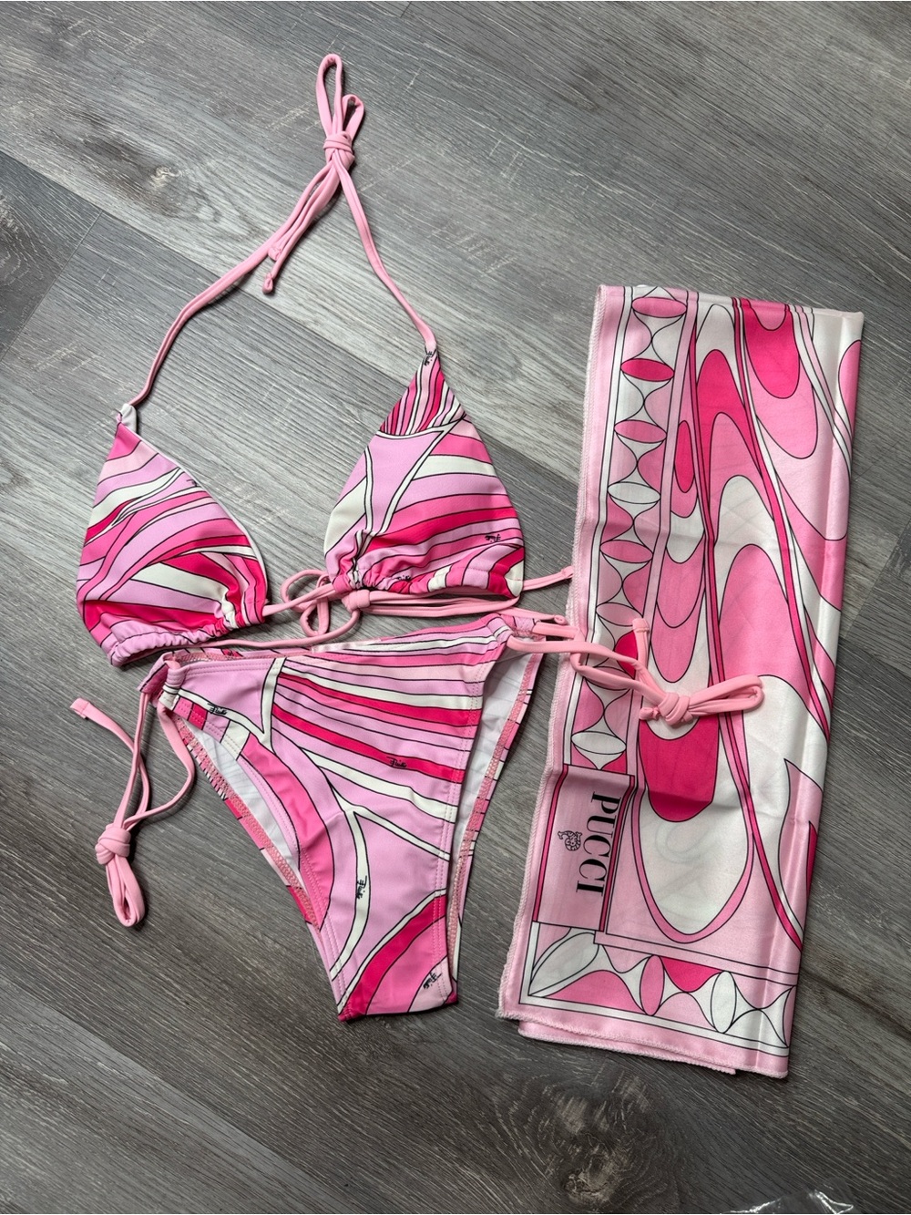 Emilio Pucci Pink Graphic Print Triangle Bikini with Matching Scarf